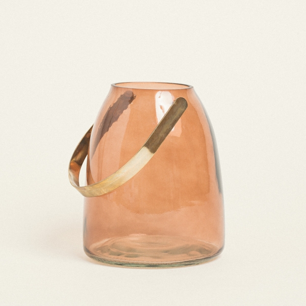Beauty Home ΓΥΑΛΙΝΟ ΦΑΝΑΡΙ ΜΕ ΜΕΤΑΛΛΙΚΗ ΛΑΒΗ 14 x 16,5 CM ΜΠΕΖ