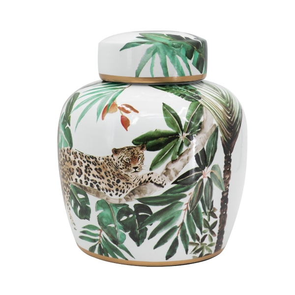 Artekko Lidded Διακοσμητικό Δοχείο Βάζο με Καπάκι από Πορσελάνη σε Λευκό με Πράσινο (20.3x20.3x24.1)cm