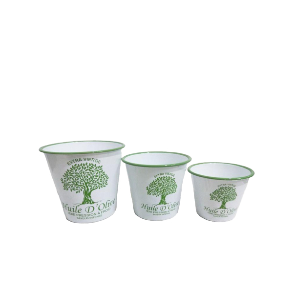 Artekko Bucket Λευκά Μεταλλικά Κουβαδάκια με Πράσινα Σχέδια (16x16x18)cm (16.5x16.5x15)cm (14.5x14.5x12)cm 3pcs