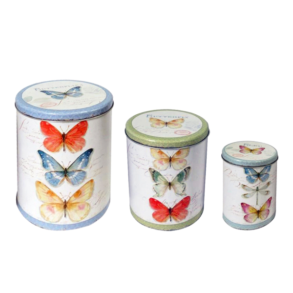 Artekko Container Πολύχρωμα Μεταλλικά Δοχεία Αποθήκευσης με Πεταλούδες (20x20x24)cm (17x17x22)cm (14x14x20)cm 3pcs