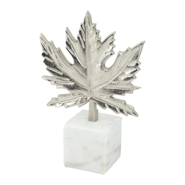 Artekko Marble Ασημί Μεταλλικό Διακοσμητικό Γλυπτό Φύλλου σε Λευκή Μαρμάρινη Βάση (17.8x7.6x26.7)cm