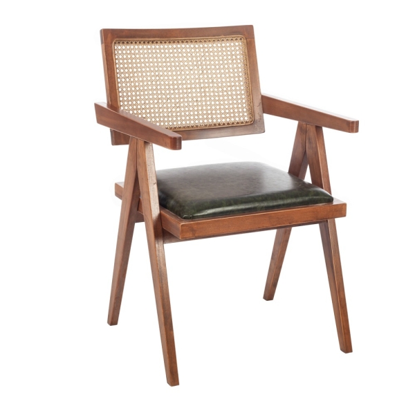 Artekko Suva Rattan Καρέκλα με Καφέ Ξύλινο Σκελετό με Ψάθα και Πράσινο Τεχνόδερμα (52x55x80)cm