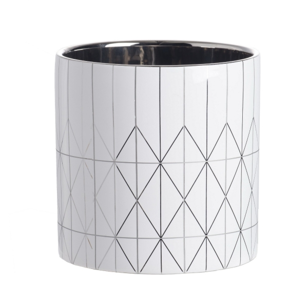 Artekko Geometric Λευκό Κεραμικό Διακοσμητικό Δοχείο Κασπώ με Ασημί Λεπτομέρειες (16x16x16)cm