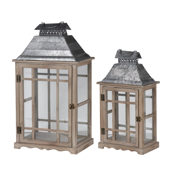 Artekko Lantern Καφέ Ξύλινα Διακοσμητικά Φανάρια (36x25.5x65)cm (28x17.8x53.4)cm 2pcs