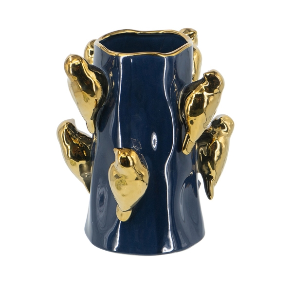 Artekko Glazed Μπλε Κεραμικό Βάζο με Χρυσά Πουλιά (22x22x24.3)cm